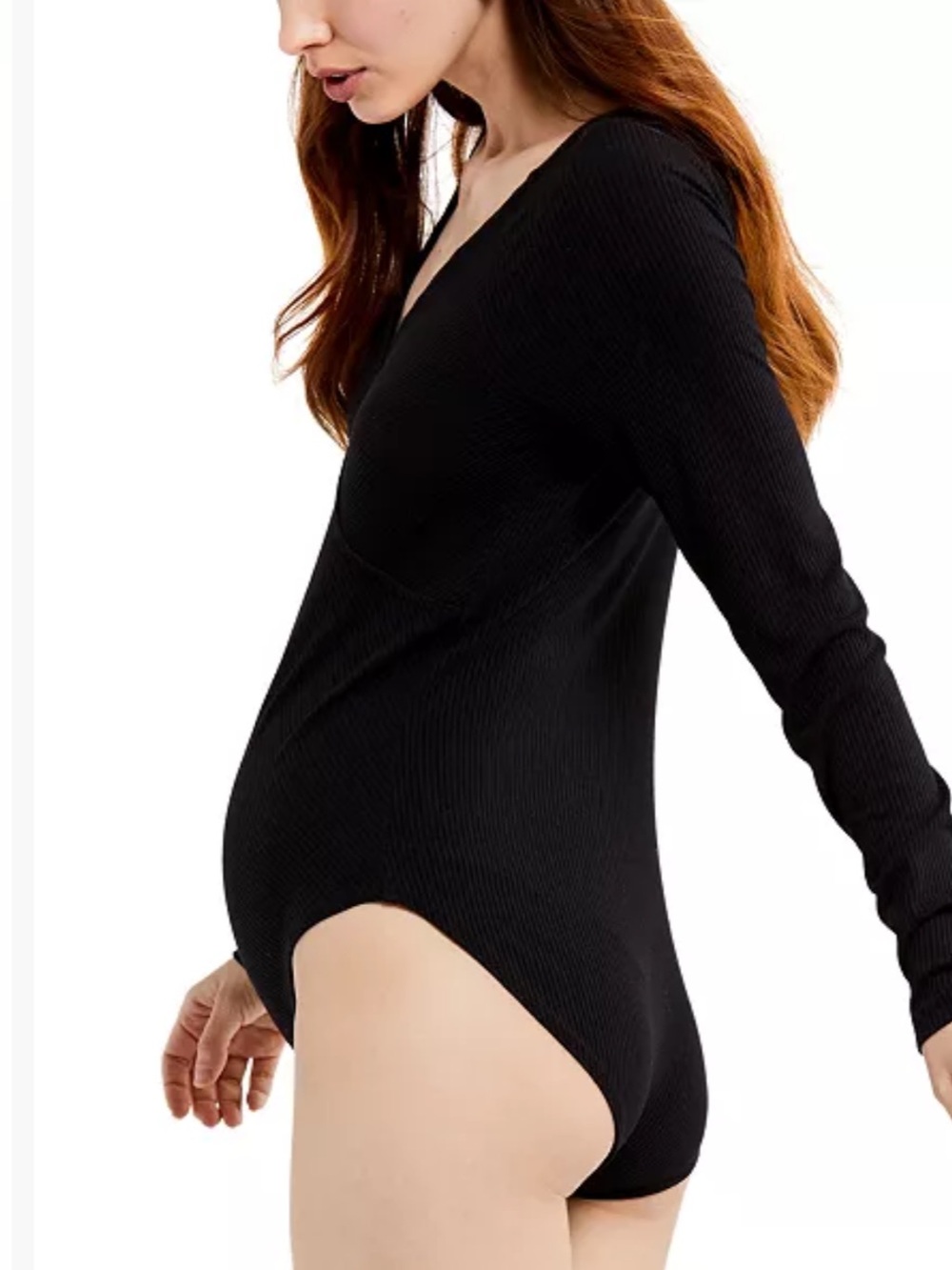 NWT A Pea in the Pod V Neck Maternity Body in black ribbed cross body silhouette